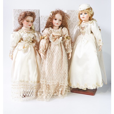 Three Porcelain Faced Dolls in Fancy Dresses, Includes Hope, Rebecca and Rita, and Three Dolls Stands
