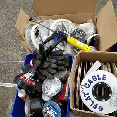 Bulk Lot Of Electrical Goods - Toolboxes, Circuitry, Cables, Selley's Cans