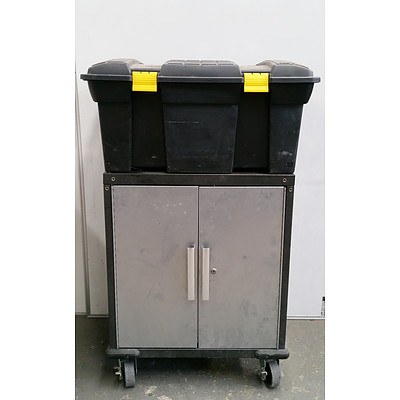 Large Stanley Toolbox with Assorted Power Cables and Others, Rolling Locking Cabinet