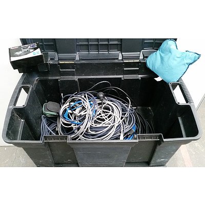 Large Stanley Toolbox with Assorted Power Cables and Others, Rolling Locking Cabinet