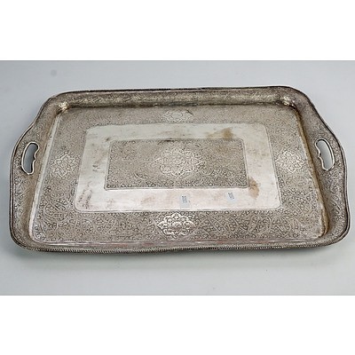 Beautiful Persian Hand Wrought Silvered Copper Tray Finely Engraved With Paisley Motifs