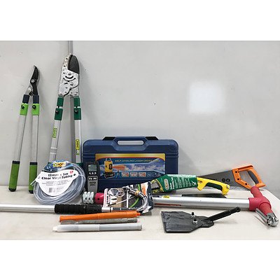 Lot of Garden Tools Including Pneumatic Hammer & Stud Finder