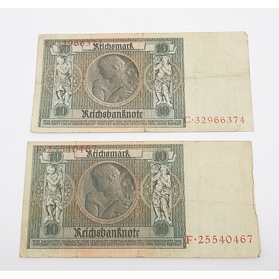 2 x 1929 German 10 Zehn Mark Banknotes