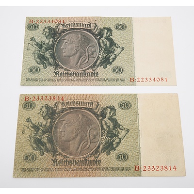 2 x 1933 German 50 Fiinfig Mark Banknotes