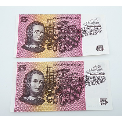 2 x 1985 Australian Five Dollar Banknotes - Uncirculated