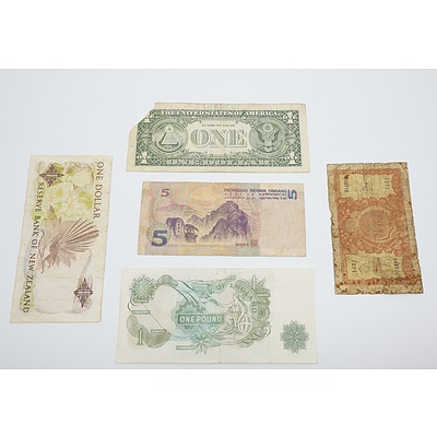 1999 China 5 Yuan Banknote, 2003 E US One Dollar Banknote, 1955 England QEII One Pound Banknote and More