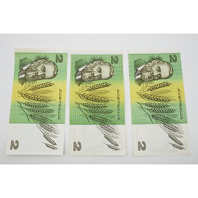 3 x 1985 Australian Two Dollar Banknotes