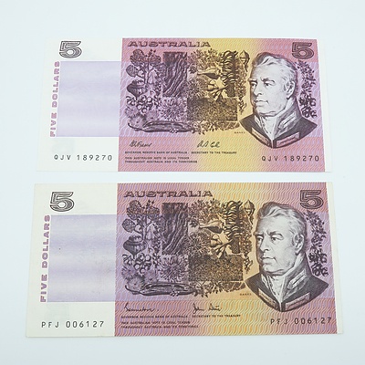 2 x Australian Five Dollar Banknotes