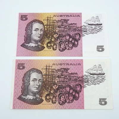 2 x Australian Five Dollar Banknotes