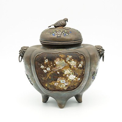 Japanese Shibayama Inlaid, Lacquer and Enamel Decorated Silver Koro, Meiji Period (1868-1912)