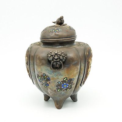 Japanese Shibayama Inlaid, Lacquer and Enamel Decorated Silver Koro, Meiji Period (1868-1912)