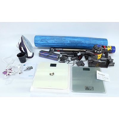 Foam Roller, Dyson Handheld Vacuum Cleaner with Multiple Attachments, Phillips 2400W Iron and Two Scales
