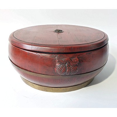 Chinese Elm Wood Red Lacquer Wedding Container and Lid Banded in Metal, Modern