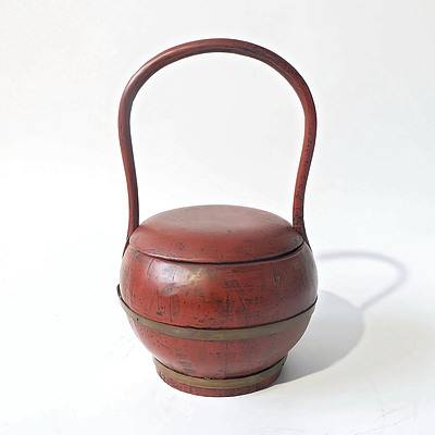 Chinese Red Lacquer  Rice Container Banded in Metal with Lid, Modern