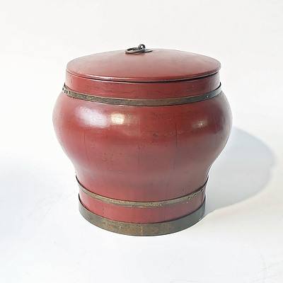 Chinese Red Lacquer Elm Wood  Food Container Banded in Metal with Lid, Modern