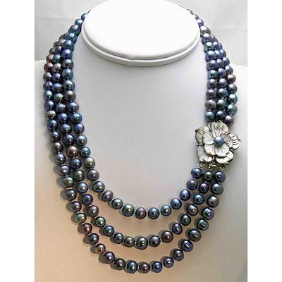 Black Fresh-Water Cultured Pearl Triple Strand Necklace