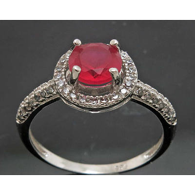 Sterling Silver Ruby-Red Cz With White Czs In Halo & Shoulders