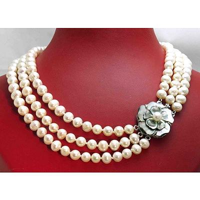 Fresh-Water Cultured Pearl Triple Strand Necklace