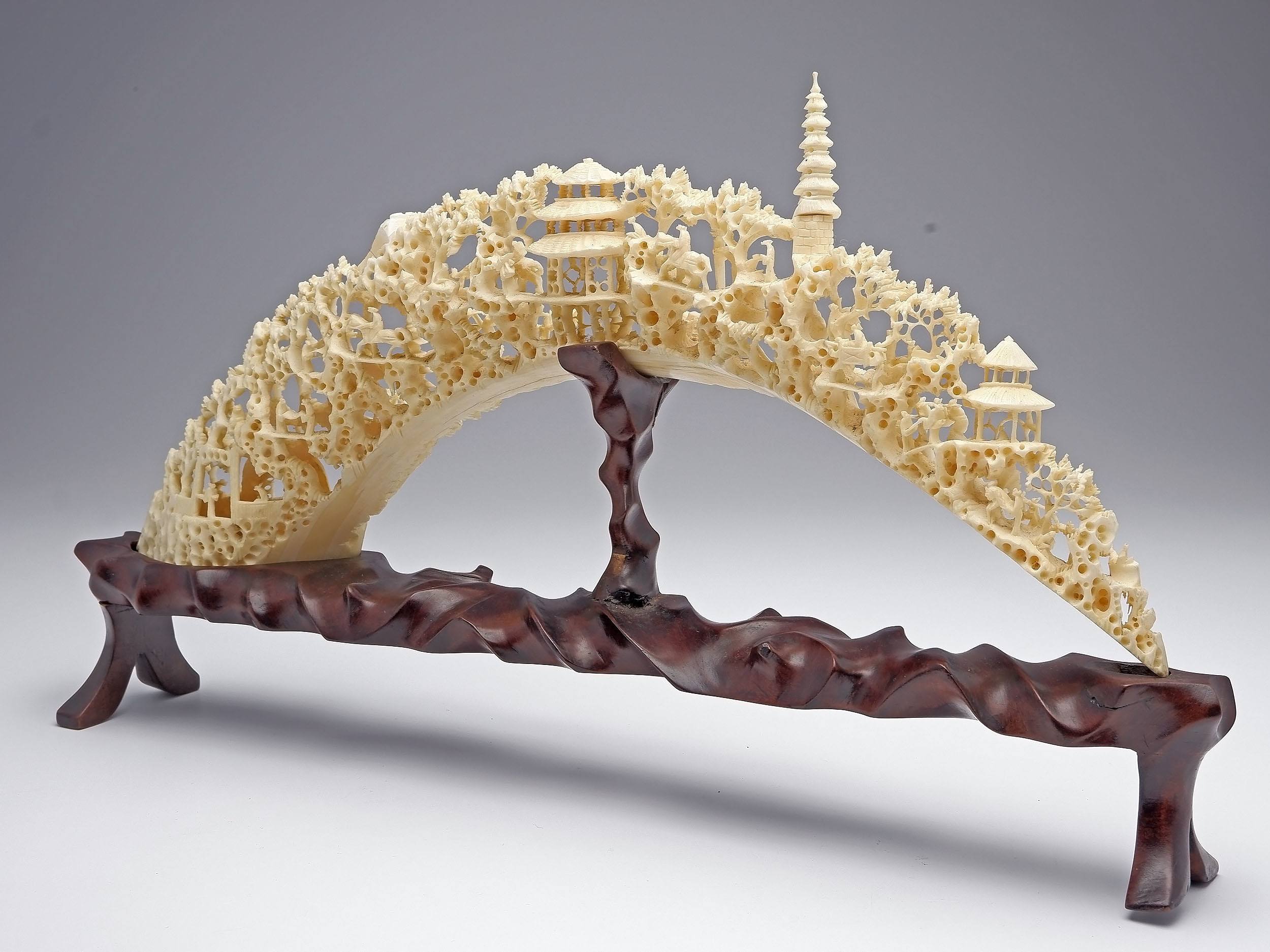 'Finely Carved Chinese Marine Ivory (Walrus) Bridge, Mid 20th Century'
