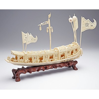 Superb Finely Carved Chinese Ivory Model of Junk on Hardwood Stand, Mid 20th Century