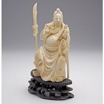 Chinese Carved Ivory Model of a Warrior on Hardwood Stand, Early to Mid 20th Century