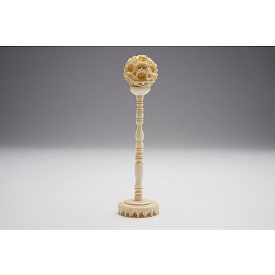 Chinese Carved Ivory Dragon Puzzle Ball on Stand, Early 20th Century