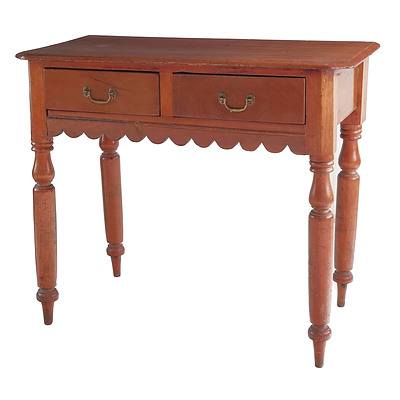 Australian Colonial Cedar Small Two-Drawer Side Table with a Scalloped Apron, Circa 1860