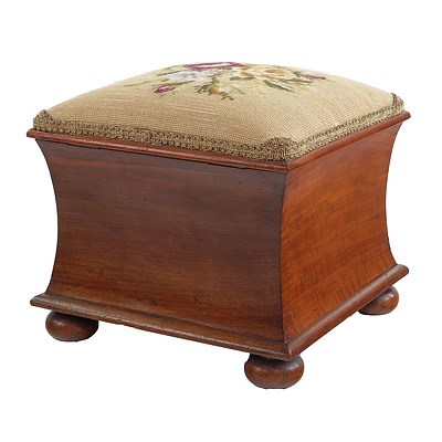 Victorian Mahogany and Petit Point Upholstered Waisted Box Stool with Lift Up Lid, 19th Century