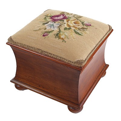 Victorian Mahogany and Petit Point Upholstered Waisted Box Stool with Lift Up Lid, 19th Century