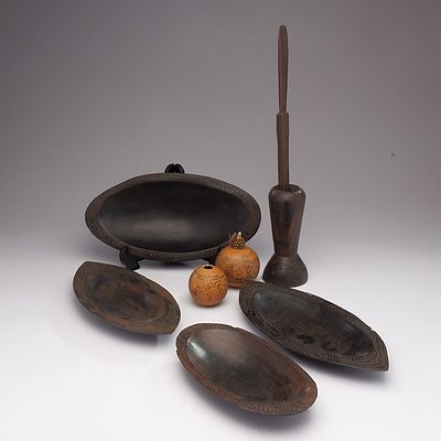 Three Macassar Ebony Bowls, a Lime Mortar and Spatula and Two Lime Containers from the Trobriand Islands