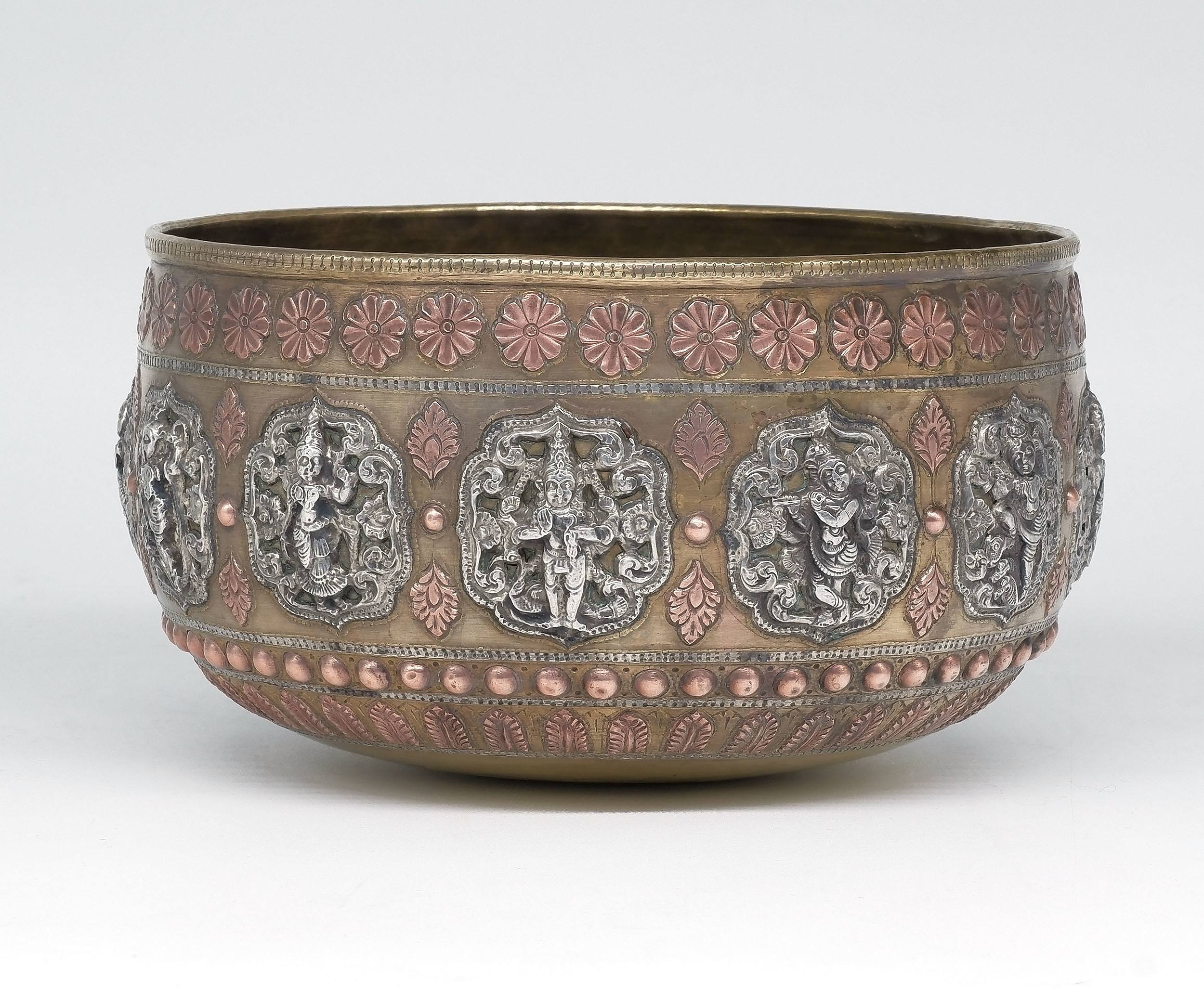'19th Century Indian Silver and Copper Inlaid Brass Bowl'