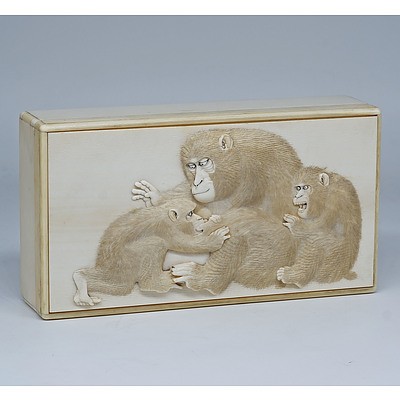 Superb Japanese Elephant Ivory Box Finely Relief Carved with Monkeys, Meiji Period 1868-1912