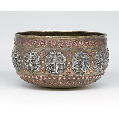 19th Century Indian Silver and Copper Inlaid Brass Bowl