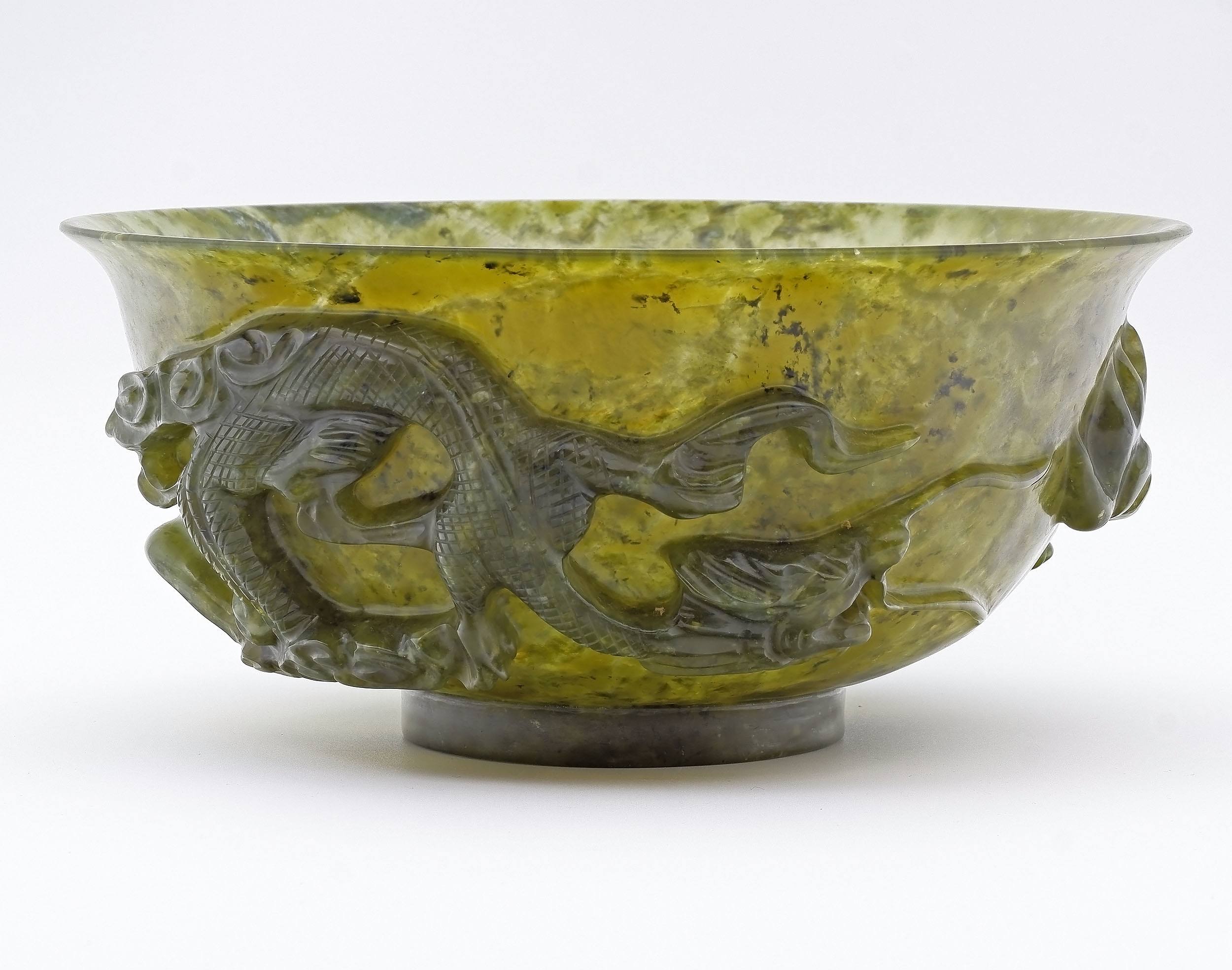 'Large Chinese Carved Translucent Serpentine Dragon Bowl, 20th Century'