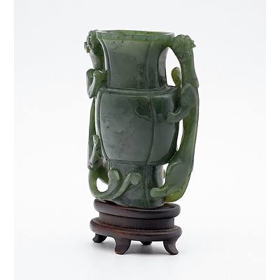Fine Chinese Spinach Green Jade Miniature Vase with Chilong Handles on Rosewood Stand, Late Qing Dynasty