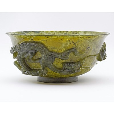 Large Chinese Carved Translucent Serpentine Dragon Bowl, 20th Century