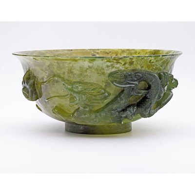 Large Chinese Carved Translucent Serpentine Dragon Bowl, 20th Century