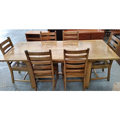 French Provincial Style Mango Wood Parquetry Top Extension Table and Six Ladderback Chairs