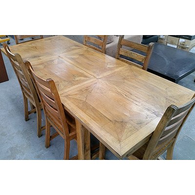 French Provincial Style Mango Wood Parquetry Top Extension Table and Six Ladderback Chairs