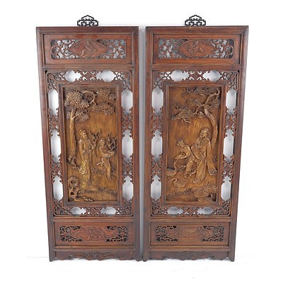 Pair of Chinese Relief Carved and Pierced Wood Hanging Screens