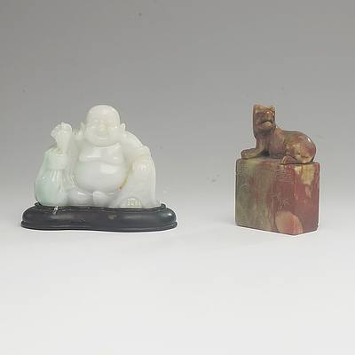 An Uncut Soapstone Seal and a Hardstone Buddha