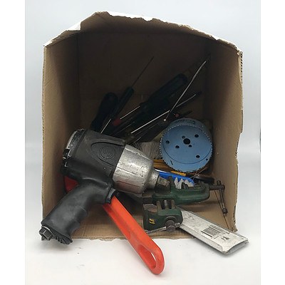 Bulk Box of Tools Featuring Chicago Pneumatic Air Wrench & Mini Bench Vice