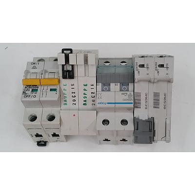 Clipsal and Hager Two Pole 20 Amp Circuit/Line Breakers - Lot of 17 - New