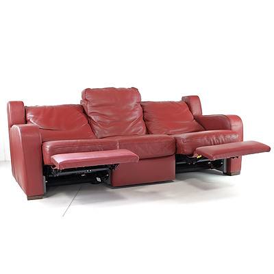 Good Quality Natuzzi Full Grain Red Leather Upholstered Reclining Three Seater Lounge with Two Large Floor Cushions