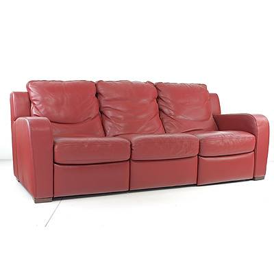 Good Quality Natuzzi Full Grain Red Leather Upholstered Reclining Three Seater Lounge with Two Large Floor Cushions