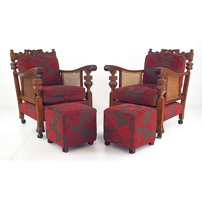 Pair of Vintage Jarvi Lounge Chairs with More Modern Ottomans in Matching Upholstery
