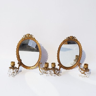 Pair Gilded Metal Mirrors with Attached Candle Holders