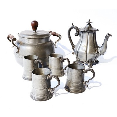 Four Vintage Pewter Items Including Richardson Britania Metal Tea Pot, Two Handled Casserole and Lid and Four Half Pint Glass Based Tankards