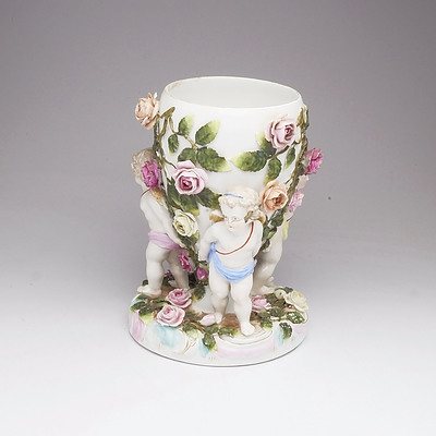 Antique German Porcelain Spill Vase with Applied Cherubs and Roses