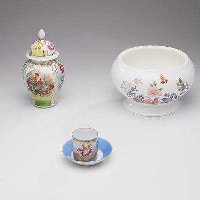 Schierholz of Plaue Porcelain Lidded Jar, Small Tea Cup and Saucer and Coalport Bowl